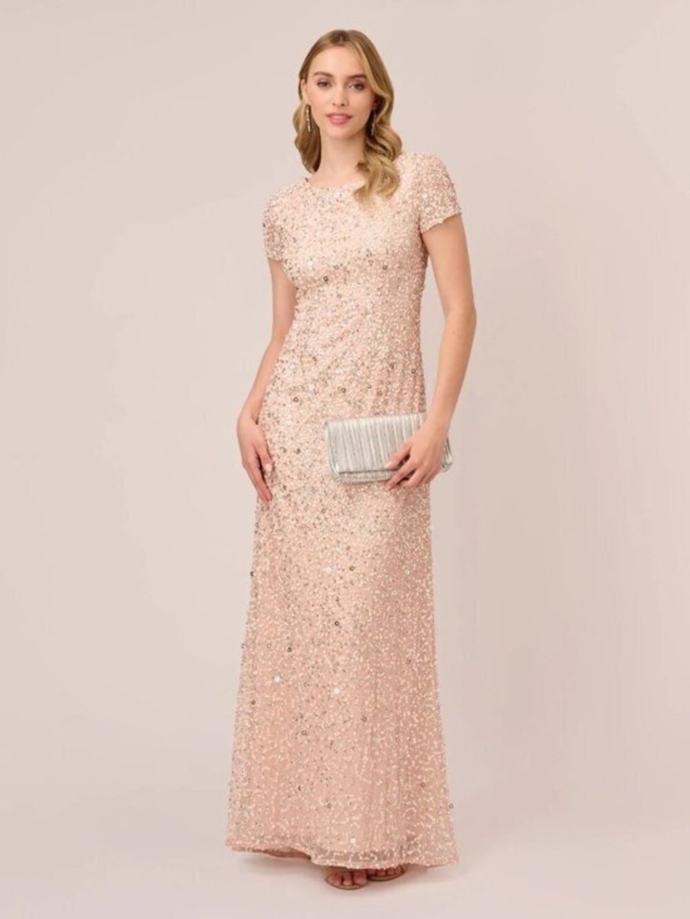 Adrianna Papell Scoop Back Sequin Gown In Blush Pink Size 14